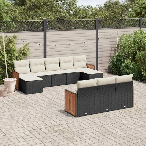 Salon de jardin 10 pcs avec coussins noir résine tressée