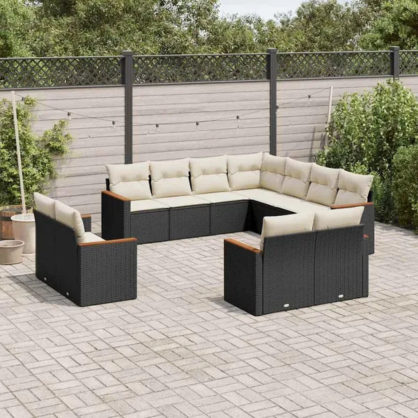 Salon de jardin 11 pcs avec coussins noir résine tressée
