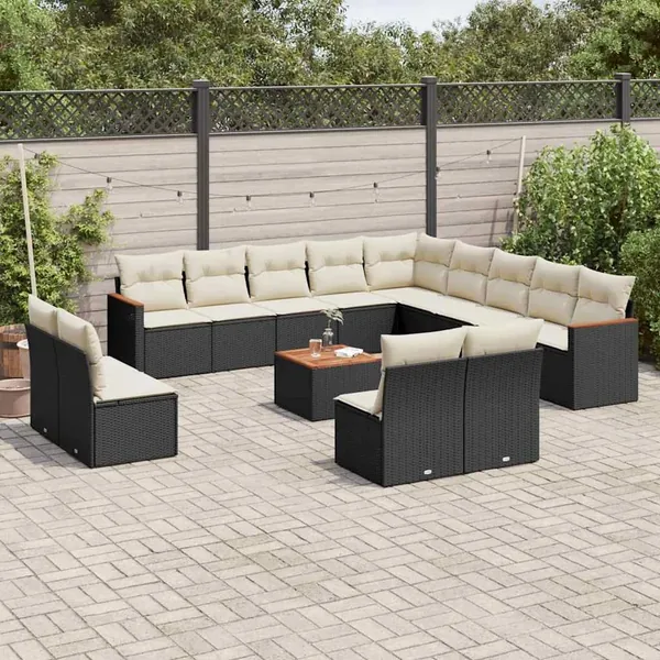 Salon de jardin avec coussins 14 pcs noir résine tressée