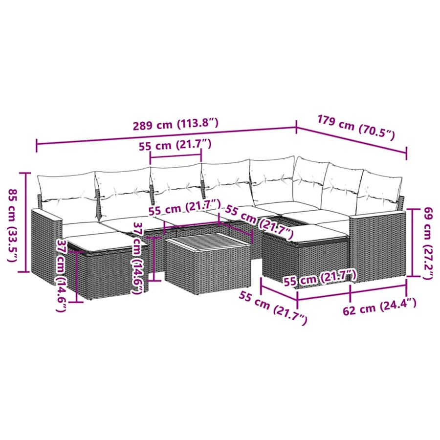 Salon de jardin 10 pcs avec coussins noir résine tressée - 3