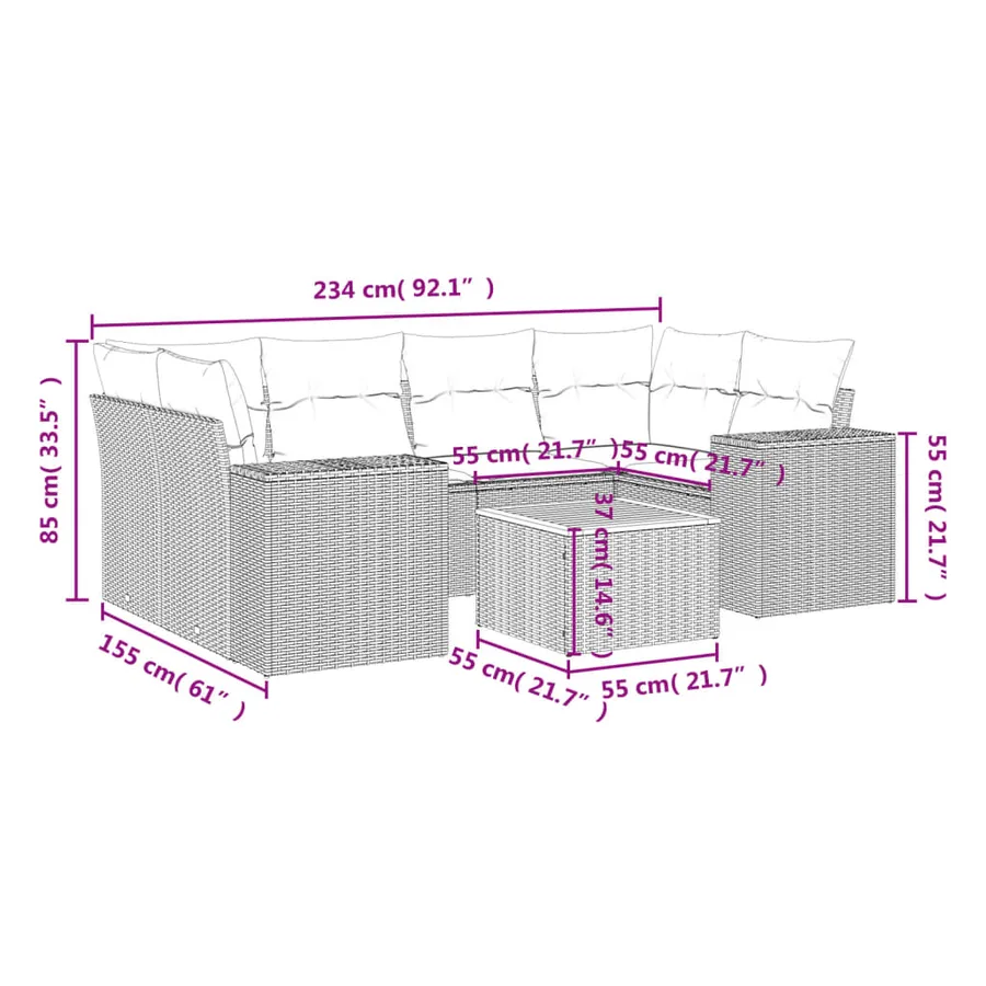 Salon de jardin 7 pcs avec coussins noir résine tressée 62 x 62 x 69 cm - 65,3 kg - 3
