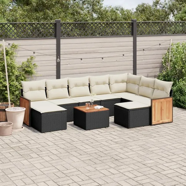 Salon de jardin 10 pcs avec coussins noir résine tressée