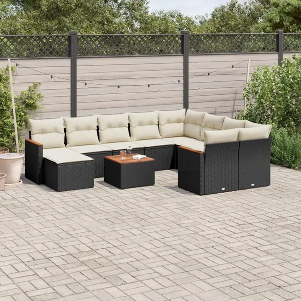 Salon de jardin 11 pcs avec coussins noir résine tressée