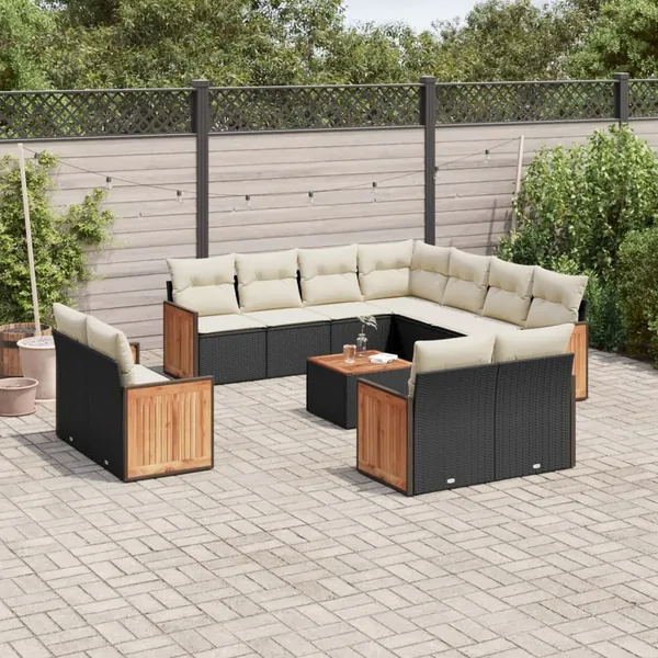 Salon de jardin 12 pcs avec coussins noir résine tressée