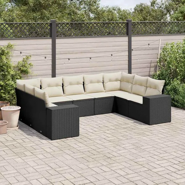 Salon de jardin 9 pcs avec coussins noir résine tressée
