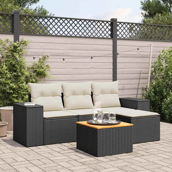 Salon de jardin 5 pcs avec coussins noir résine tressée
