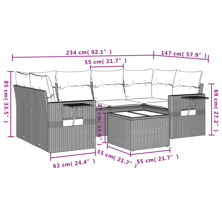 Salon de jardin 7 pcs avec coussins noir résine tressée 55 x 62 x 69 cm - 64,1 kg - 3