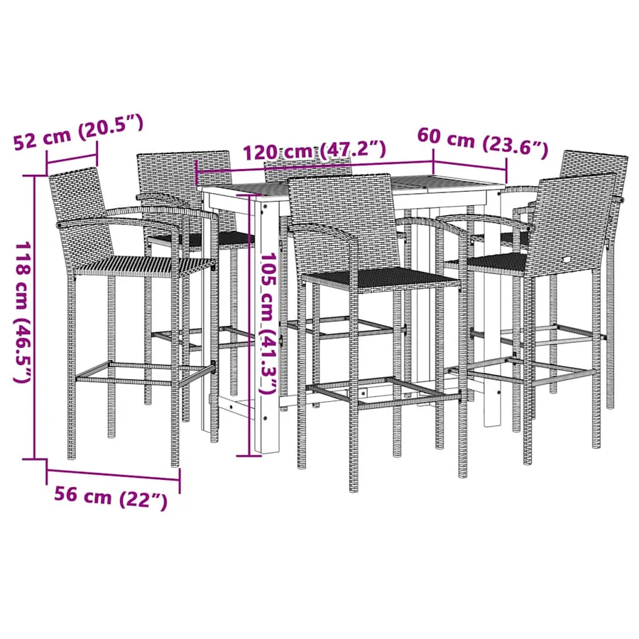 Ensemble de bar de jardin 7 pcs marron bois massif acacia rotin - 11