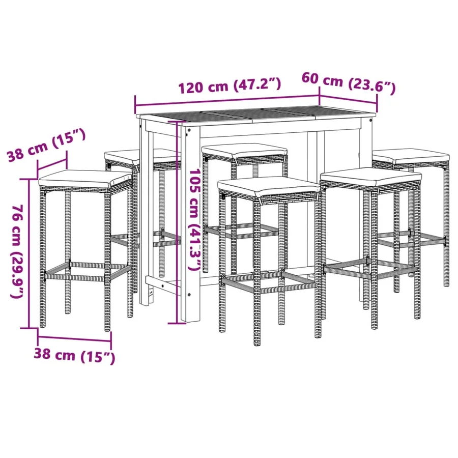 Ensemble de bar de jardin 7 pcs marron bois massif acacia rotin - 11