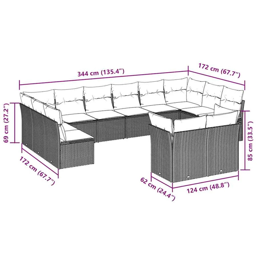 Salon de jardin avec coussins 12 pcs marron résine tressée - 3