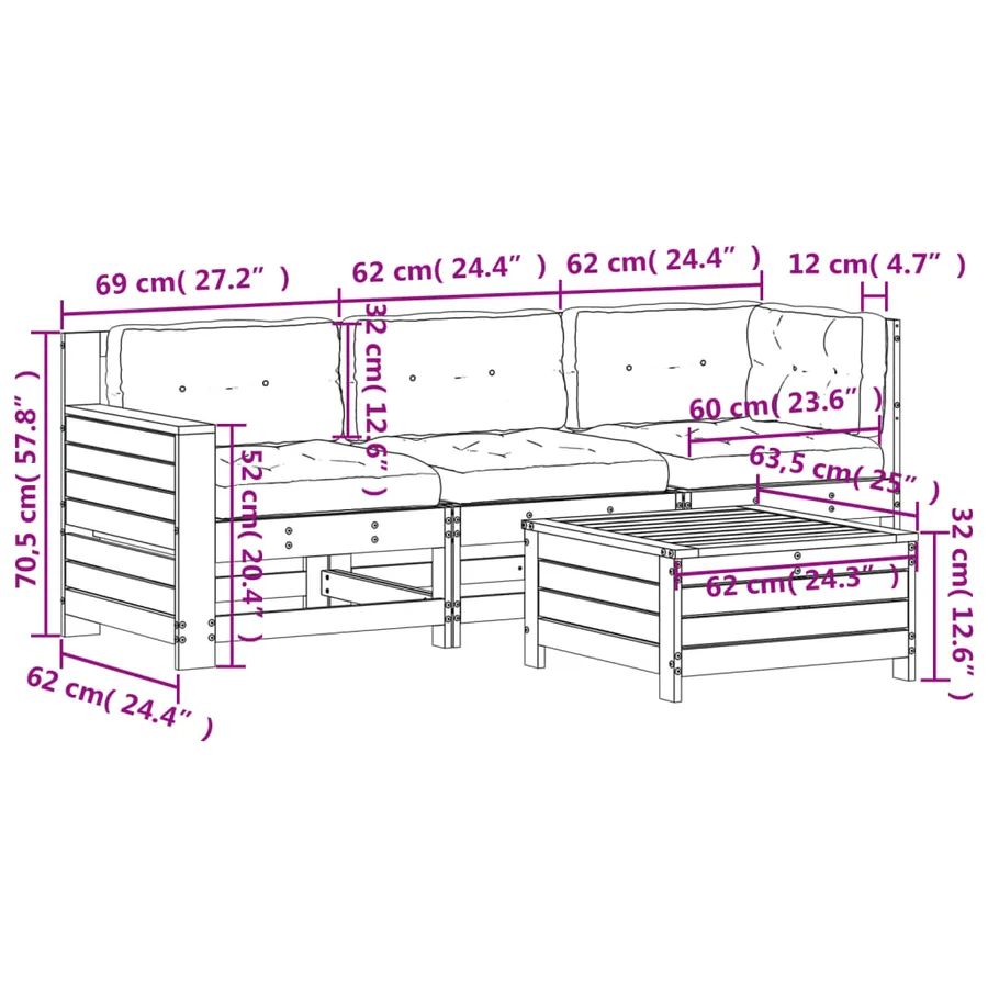 Salon de jardin 4 pcs avec coussins Bois de pin massif - 12