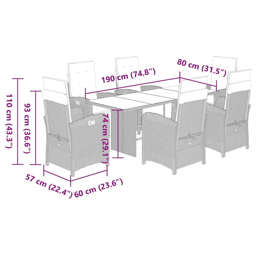 Ensemble à manger de jardin et coussins 7 pcs marron rotin - 9
