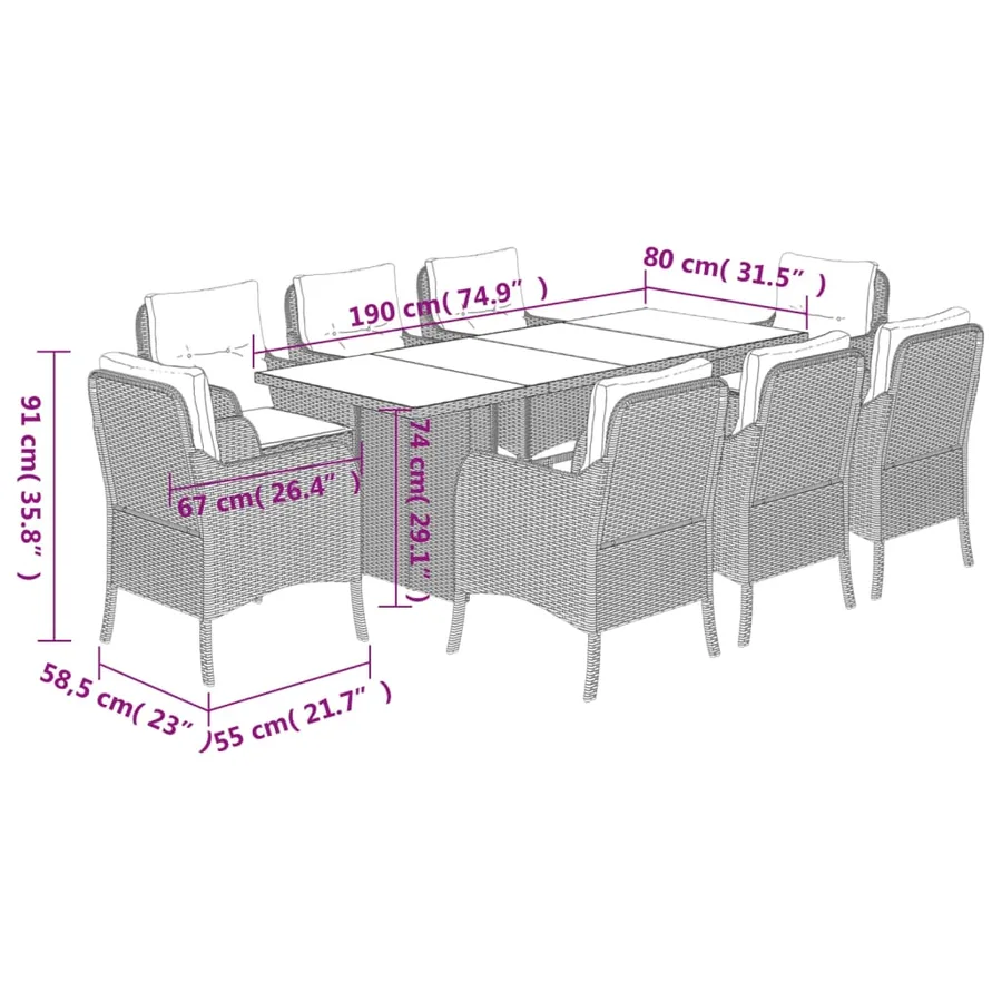 Ensemble à manger de jardin et coussins 9 pcs gris clair rotin - 7