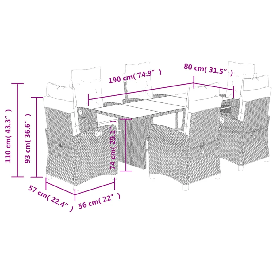 Ensemble à manger de jardin et coussins 7 pcs marron rotin - 9