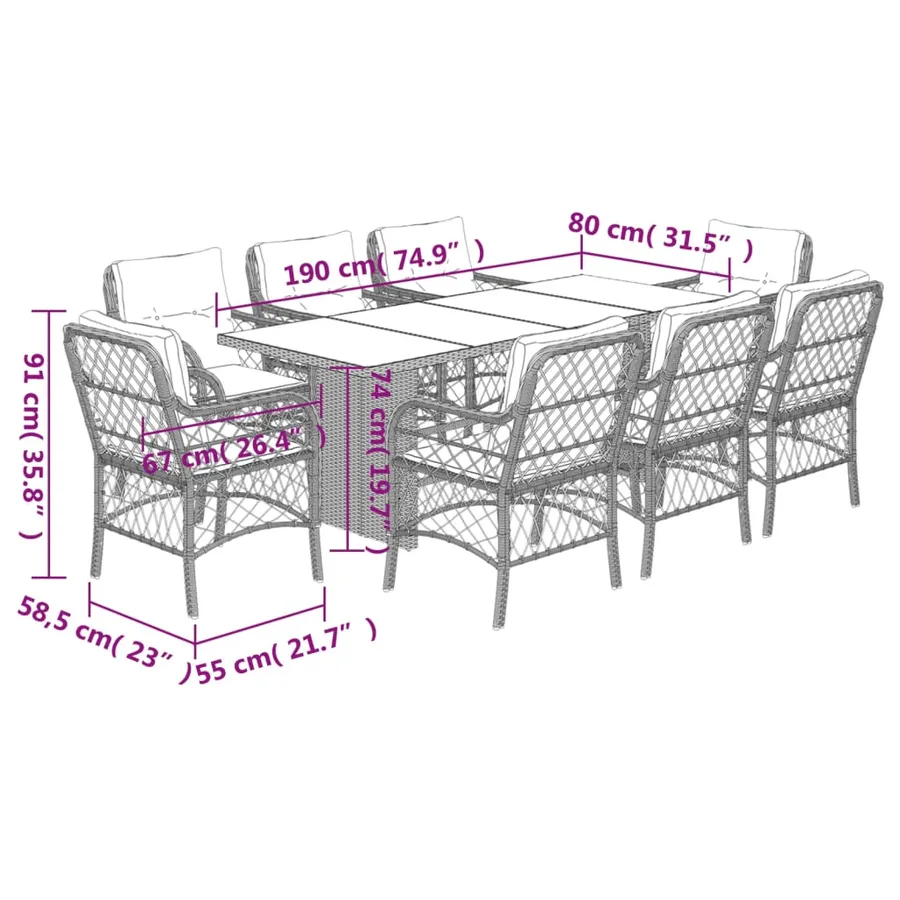 Ensemble à manger de jardin et coussins 9 pcs marron poly rotin - 7