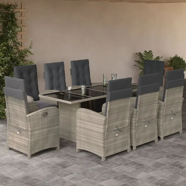 Ensemble à manger de jardin et coussins 9 pcs gris clair rotin