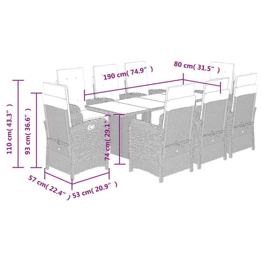 Ensemble à manger de jardin et coussins 9 pcs gris clair rotin - 9