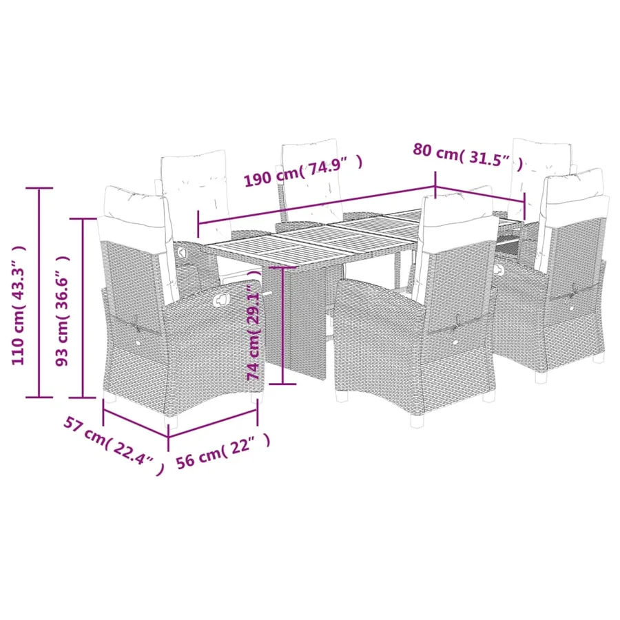 Ensemble à manger de jardin coussins 7pcs Noir Résine tressée - 9
