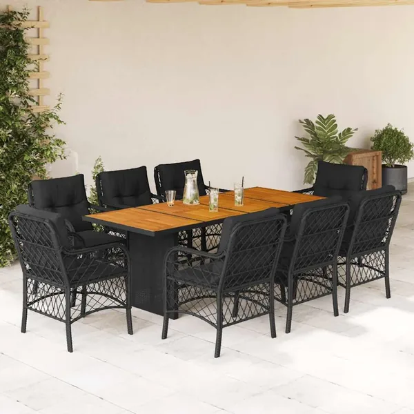 Ensemble à manger de jardin 9pcs coussins noir résine tressée