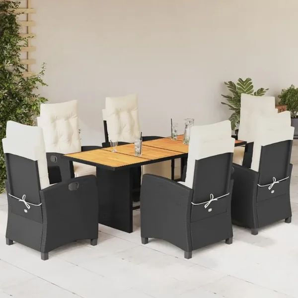 Ensemble à manger de jardin coussins 7pcs Noir Résine tressée