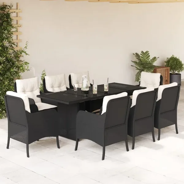 Ensemble à manger de jardin 9pcs coussins noir résine tressée