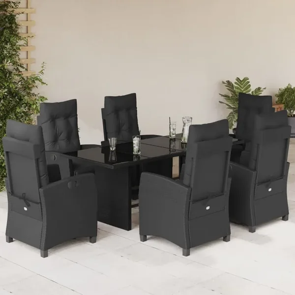 Ensemble à manger de jardin coussins 7pcs Noir Résine tressée