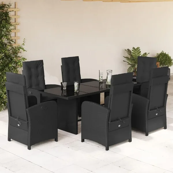 Ensemble à manger de jardin coussins 7pcs Noir Résine tressée
