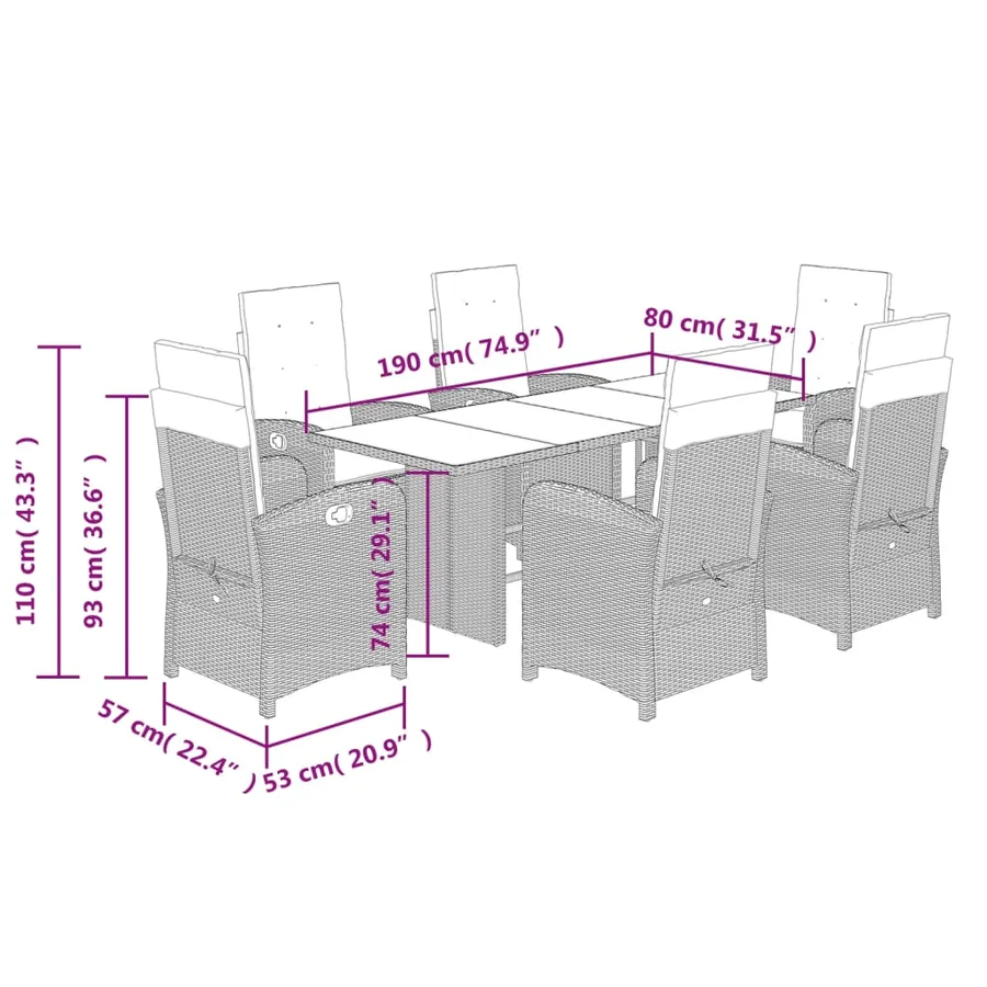 Ensemble à manger de jardin coussins 7pcs Noir Résine tressée - 9