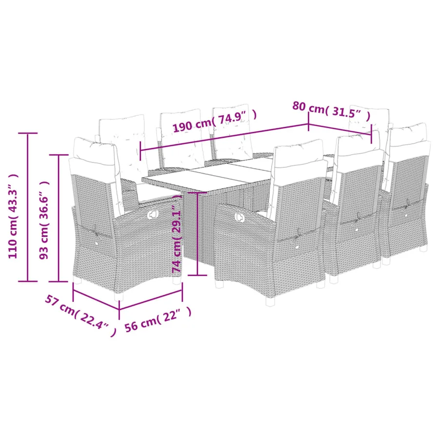 Ensemble à manger de jardin 9pcs coussins noir résine tressée - 12
