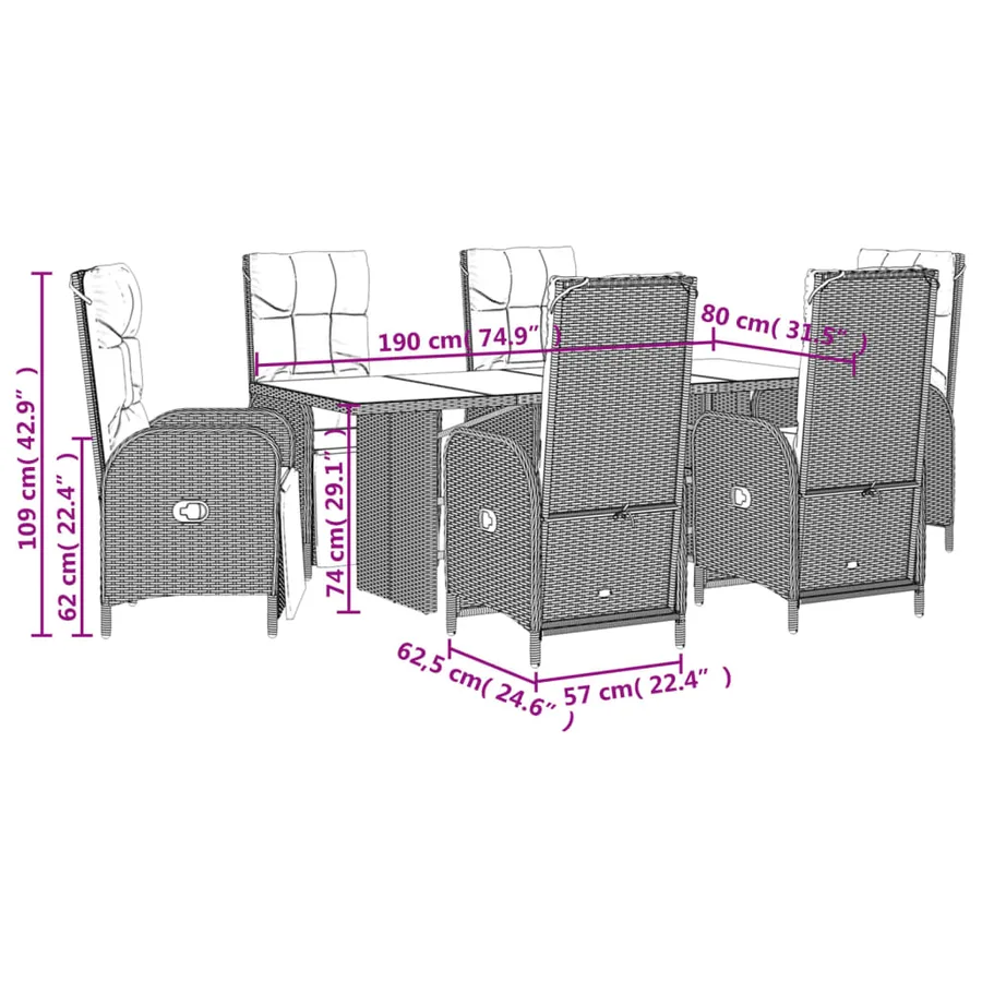 Ensemble à manger de jardin coussins 7pcs Noir Résine tressée - 7
