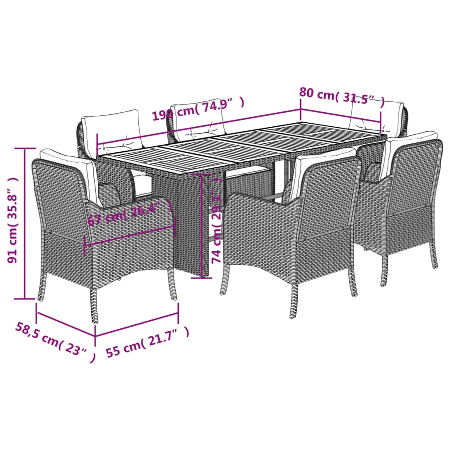 Ensemble à manger de jardin et coussins 7 pcs gris rotin - 7