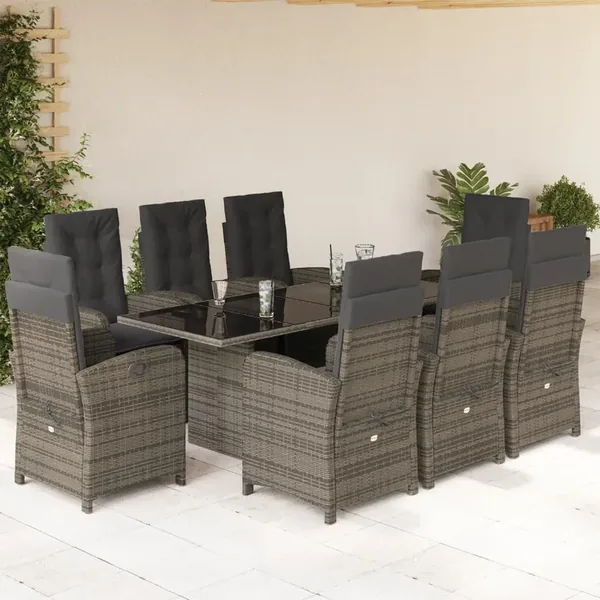 Ensemble à manger de jardin 9 pcs coussins gris résine tressée