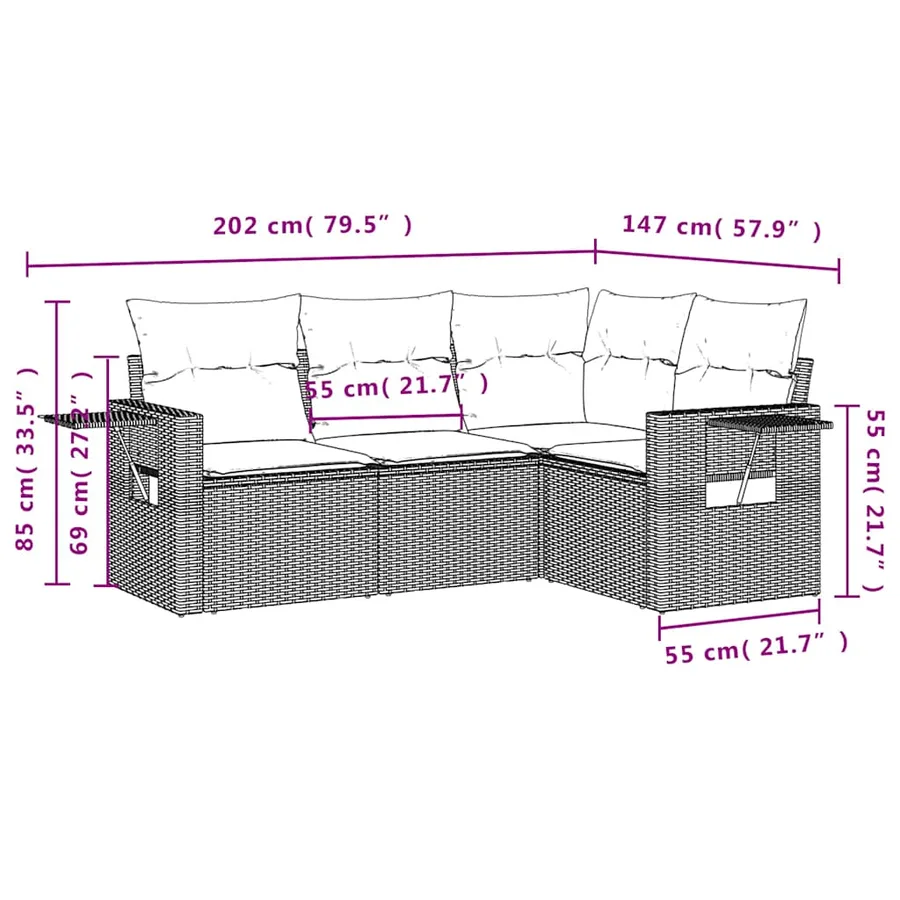 Salon de jardin 4 pcs avec coussins marron résine tressée - 8