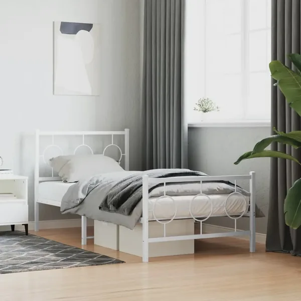 Cadre de lit métal sans matelas avec pied de lit blanc 90x190cm