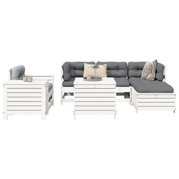 Salon de jardin 7 pcs blanc bois de pin massif