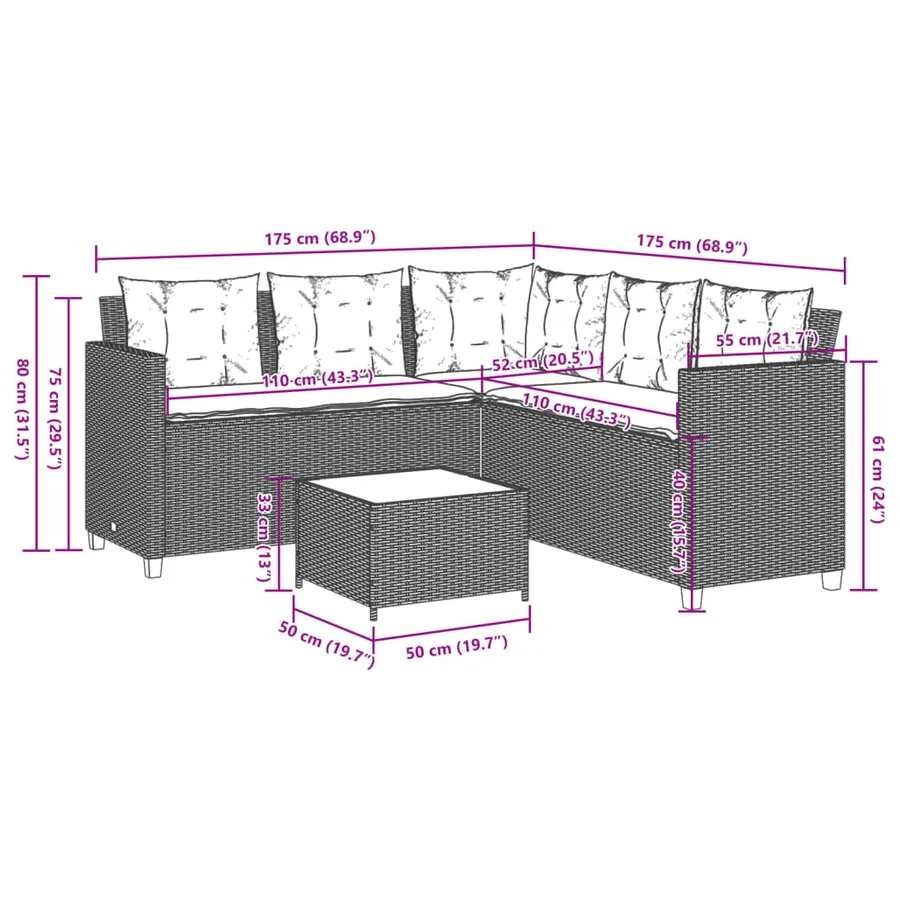 Canapé de jardin avec table et coussins en forme de L noir - 11
