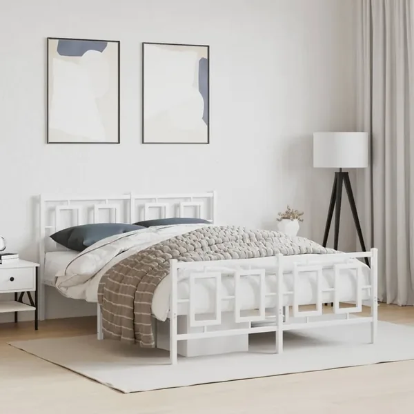 Cadre de lit métal sans matelas et pied de lit blanc 135x190 cm