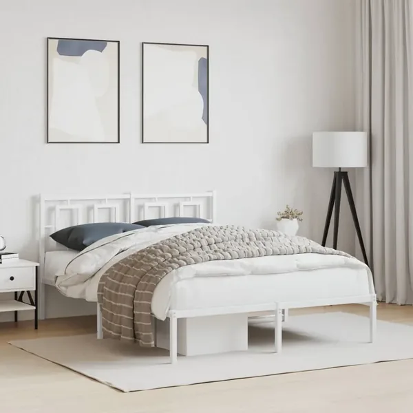 Cadre de lit métal sans matelas et tête de lit blanc 135x190 cm