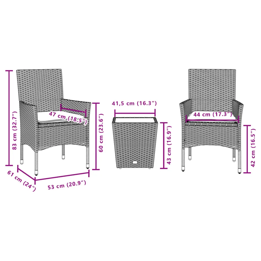Ensemble de bistro avec coussins 3 pcs gris rotin et verre - 7