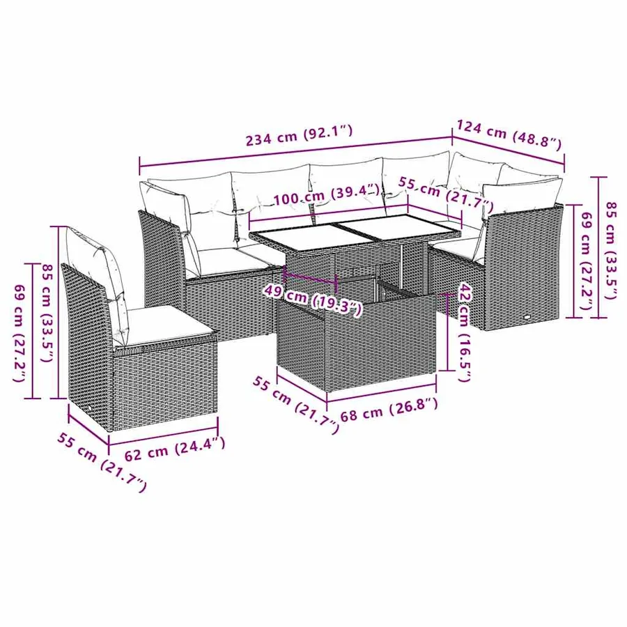 Salon de jardin 7 pcs avec coussins noir résine tressée 62 x 62 x 69 cm - 64,8 kg - 9