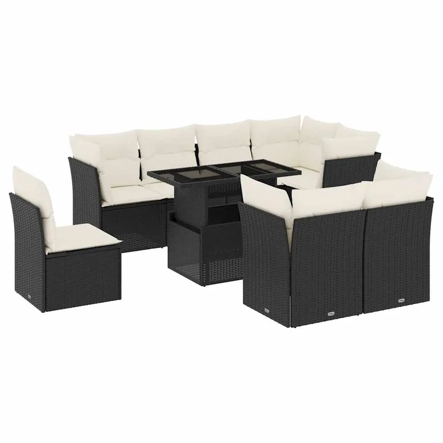 Salon de jardin 9 pcs avec coussins noir résine tressée - 2