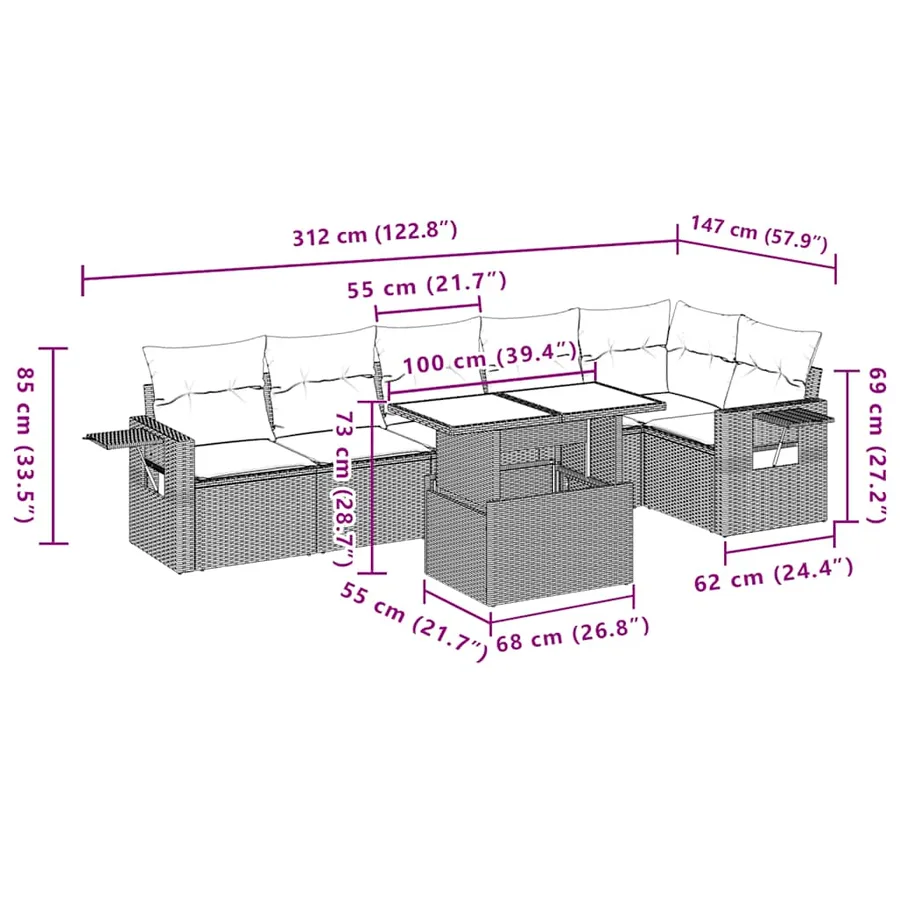 Salon de jardin 7 pcs avec coussins noir résine tressée 62 x 62 x 69 cm - 64,7 kg - 11