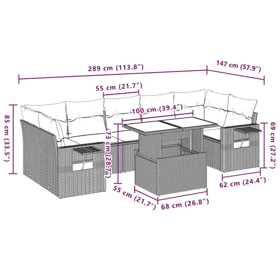 Salon de jardin 8 pcs avec coussins noir résine tressée - 11