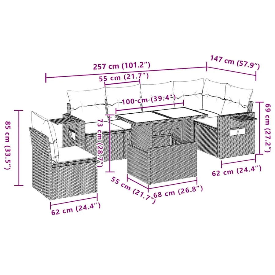 Salon de jardin 7 pcs avec coussins noir résine tressée 62 x 62 x 69 cm - 64,3 kg - 11