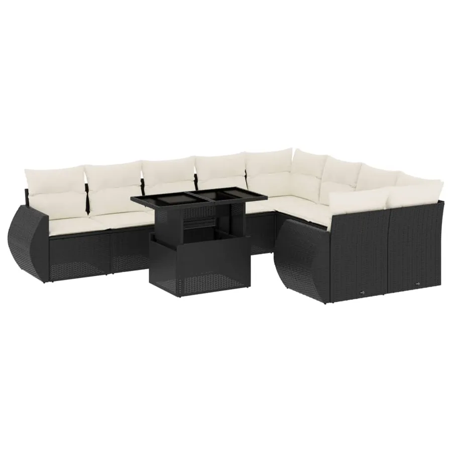 Salon de jardin 10 pcs avec coussins noir résine tressée - 2