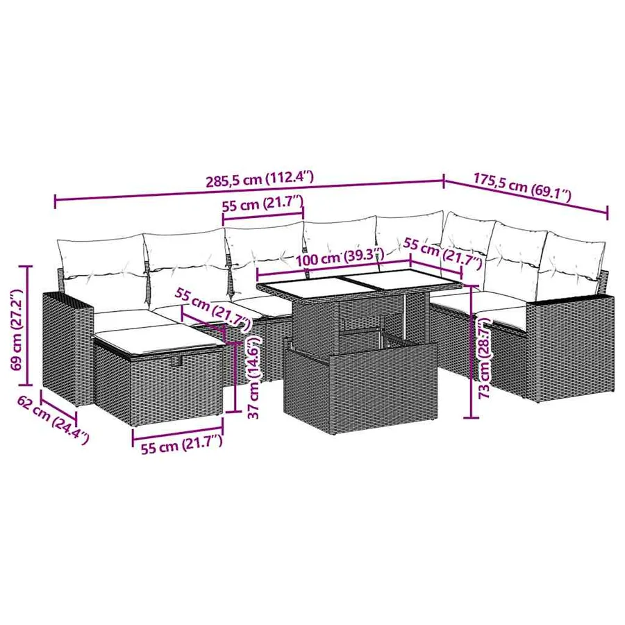 Salon de jardin 9 pcs avec coussins noir résine tressée - 12