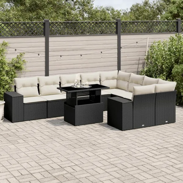 Salon de jardin 10 pcs avec coussins noir résine tressée