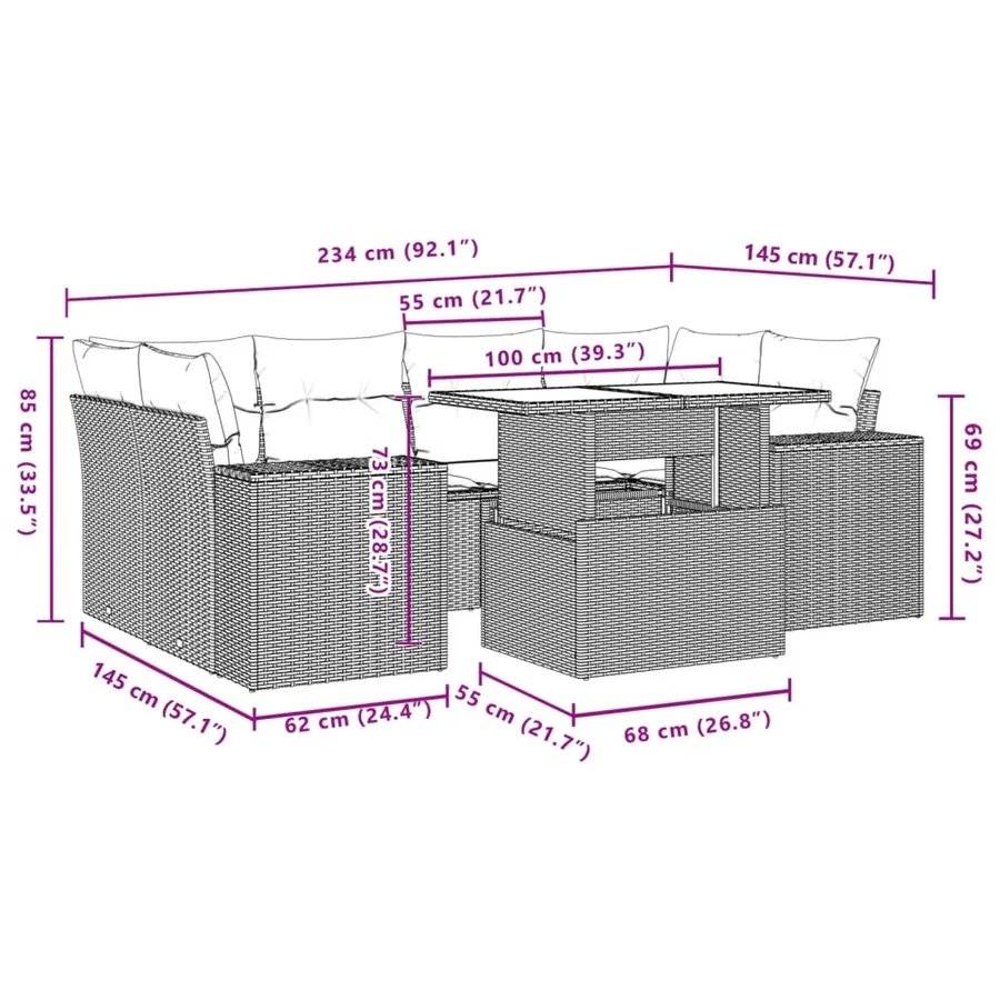 Salon de jardin 7 pcs avec coussins noir résine tressée 62 x 62 x 69 cm - 69,4 kg - 10