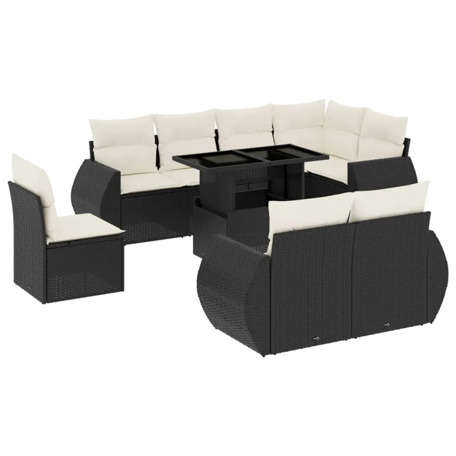 Salon de jardin 9 pcs avec coussins noir résine tressée - 2