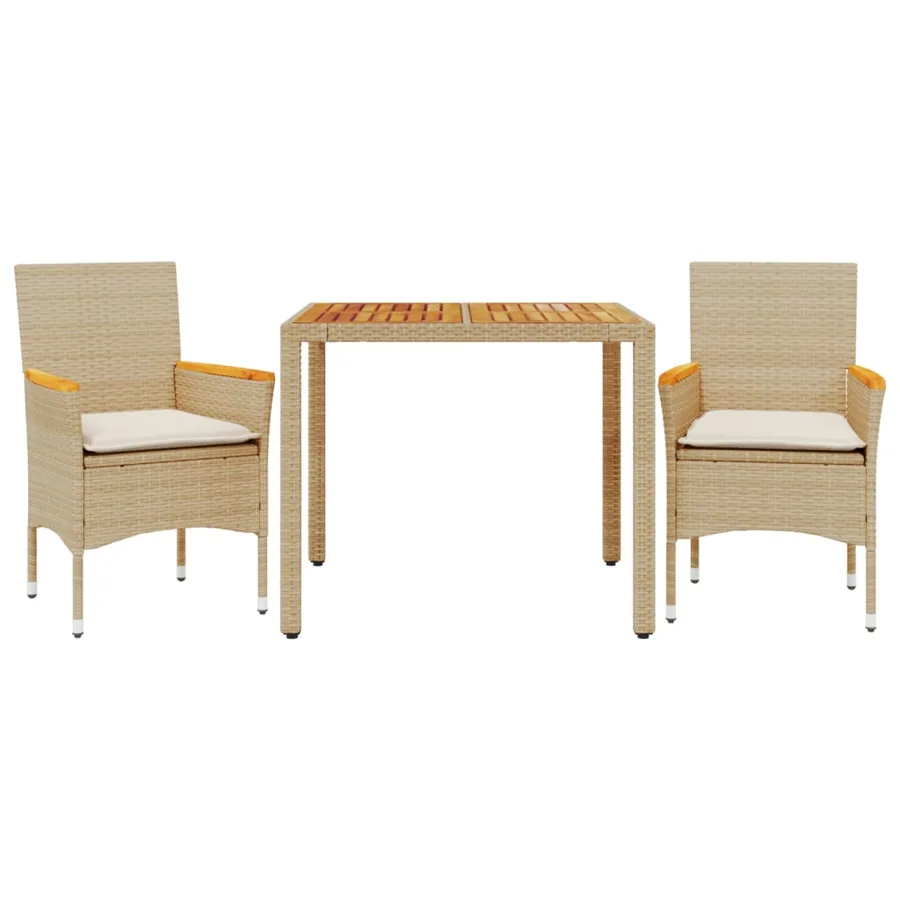 Ensemble à manger de jardin et coussins 3pcs beige rotin acacia - 2